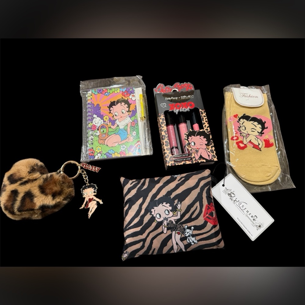 Betty Boop Gift Set with Notebook, Socks, Keychain, Lip Gloss, and Plastic Tote